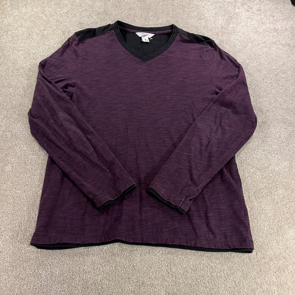 Calvin Klein V-Neck Long Sleeve Mens Large Purple Black Body Fit Slub Cotton Tee